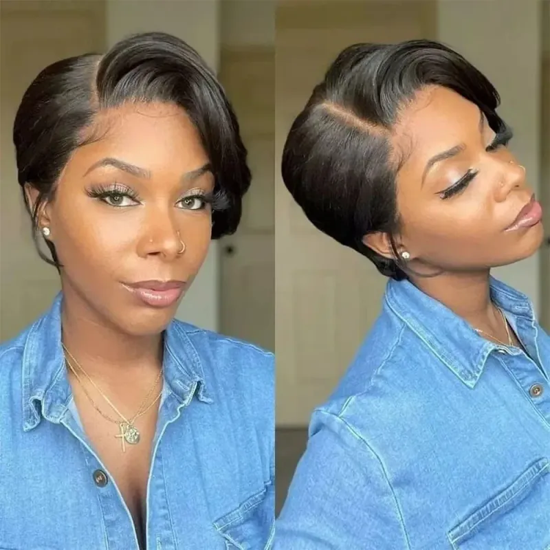Parrucche corte Pixie Cut Parrucche Bob lisce per capelli umani Parrucche frontali in pizzo trasparente brasiliano per donne Colore naturale_voghion.com