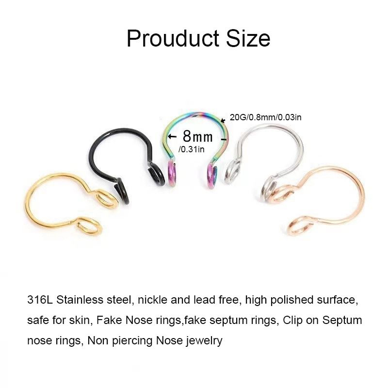 2/3/5 pezzi di anelli finti per il naso per donne e uomini, anello per setto nasale a forma di U in acciaio inossidabile 316L con clip sul naso, anello regolabile per piercing al naso_voghion.com