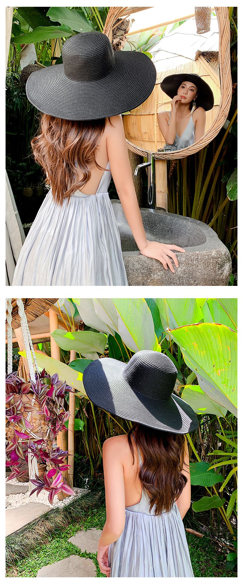 Cappello da spiaggia pieghevole oversize da donna, con tesa larga da 15 cm, estivo, da viaggio, in paglia, per donna, per vacanze all'aperto, arrotolabile, UPF50+_voghion.com