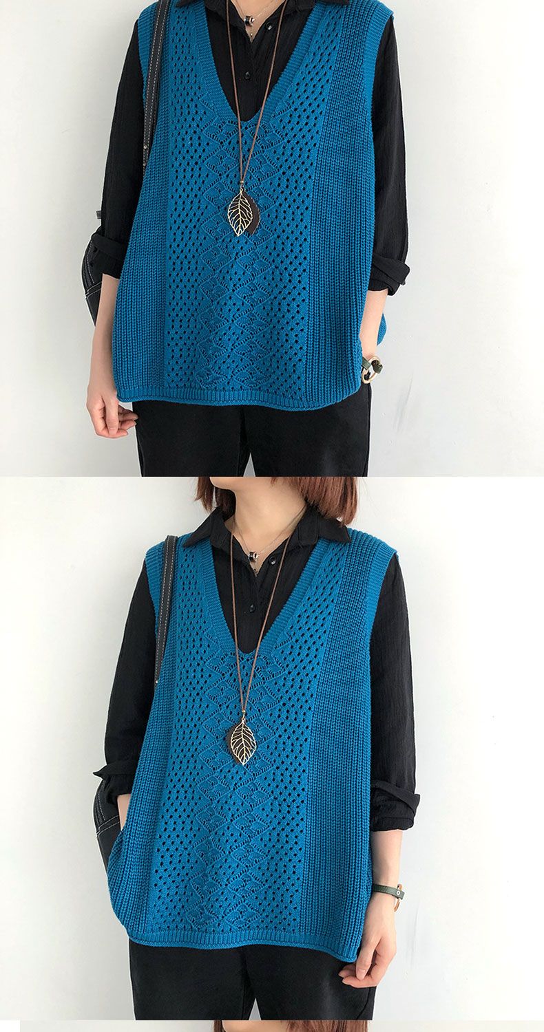 Pull-over rétro à col en V pour femme, collection printemps-été-automne 2025. Coupe ample et fine. Tailles généreuses._voghion.com