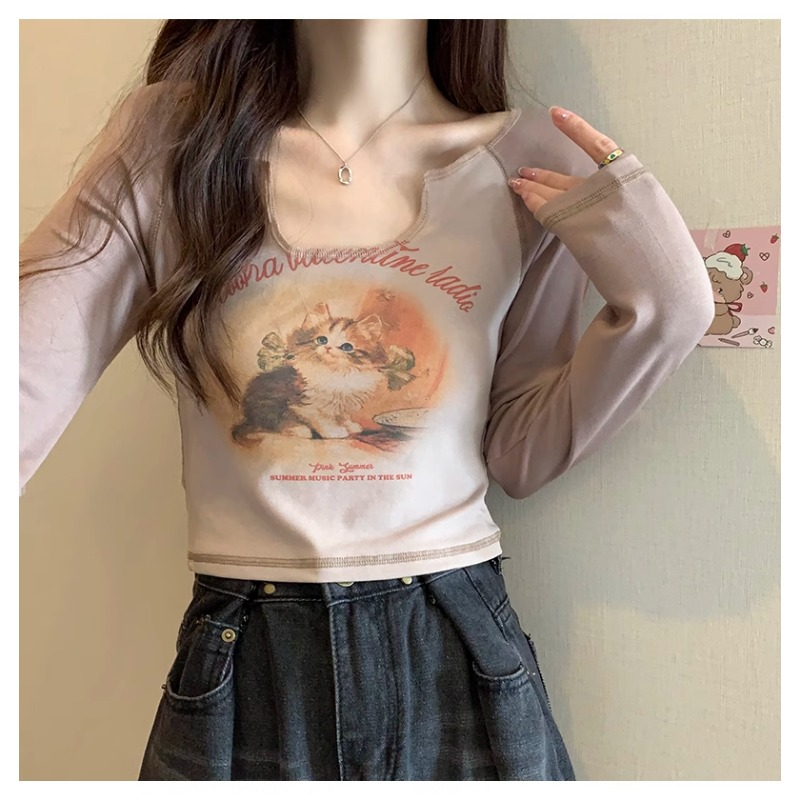 2023 Ropa Mujer Women Tshirts Cat Print Long Sleeve Tunic Tees Crop T Shirt Contrast Color Casual Fashion Korean Y2k T-shirt_voghion.com