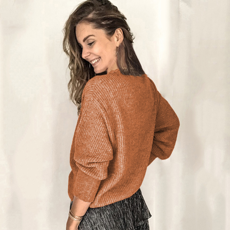 Maglione da donna in pizzo con scollo a V, maglione da donna, maglione sciolto a maniche lunghe in tinta unita_voghion.com