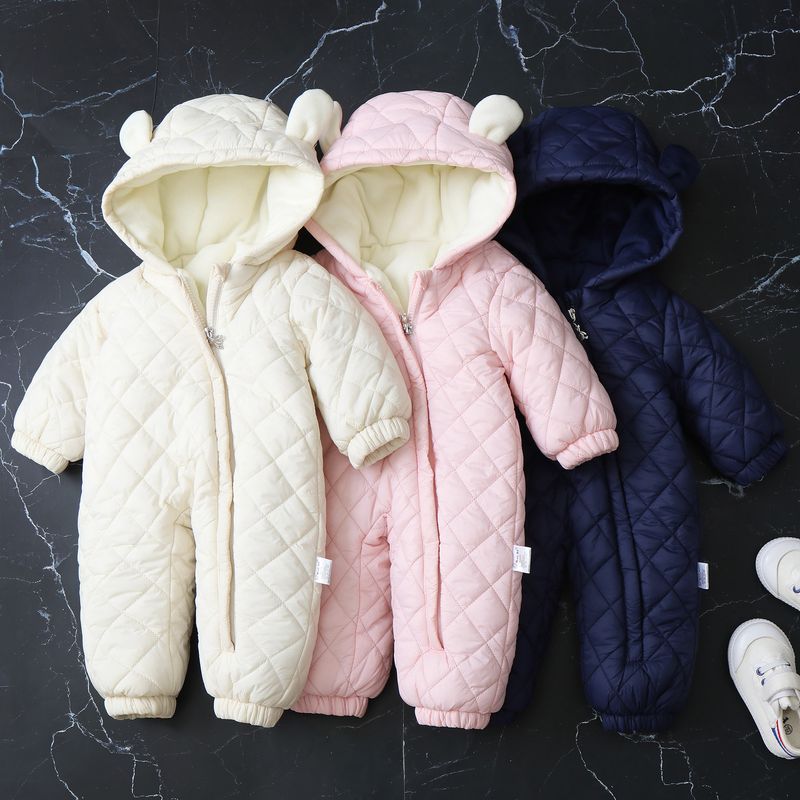 Cozy Fleece-Lined Hooded Baby Jumpsuit With Adorable Ear Design - Winter Warm One-Piece Romper For Toddlers (1-3 Years, 80-100cm) - Soft Polyester_voghion.com