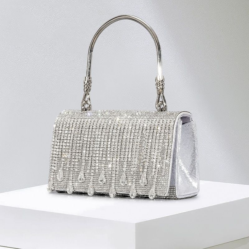 Quastenhandtasche für Damen, Nischendesign, heißer Abend-Metallgriff, Umhängetasche mit Klappe, funkelnder Strass_voghion.com