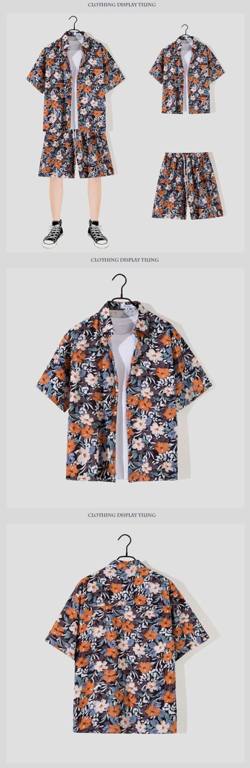 Men's Hawaii seaside beach vacation suit men's loose plus size couple trendy short-sleeved floral shirt casual two-piece set_voghion.com