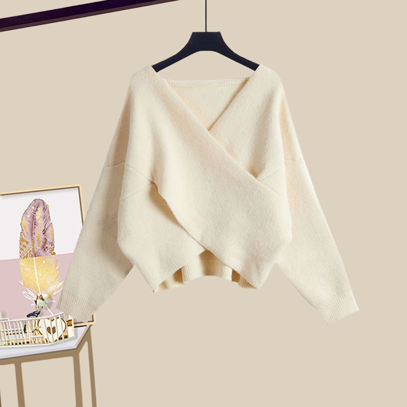 Ensemble 2 pièces élégant pull croisé et robe noire amincissante – Tenue printanière polyvalente pour femme (plusieurs coloris disponibles)_voghion.com