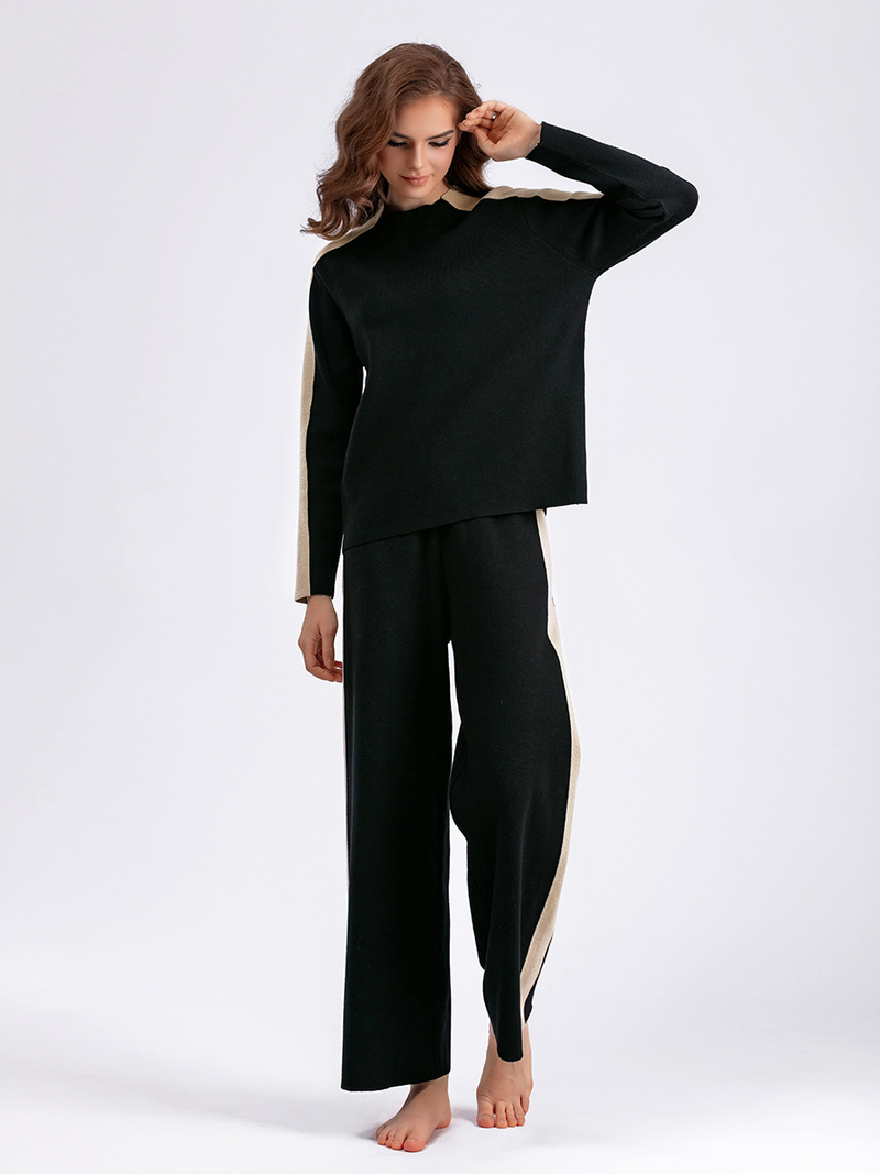 Half coltrui 2025 herfst/winter dames kleurblok patchwork negenpunts broek mode tweedelige set_voghion.com