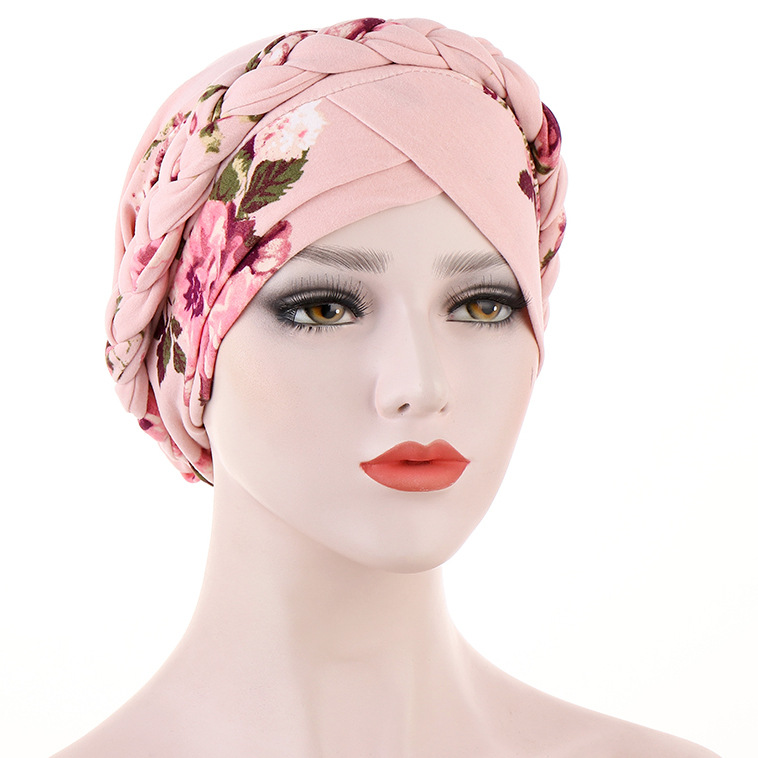 printed brushed milk silk turban hat floral short braided turban hat that can hide hair for Muslims_voghion.com