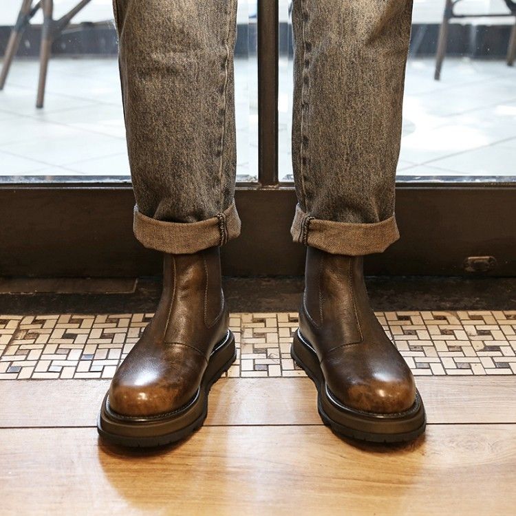 Vintage Herren dicke Plateau High Top Business Arbeitssicherheitsschuhe aus echtem Leder neue runde Zehen Slip-On Stiefeletten_voghion.com