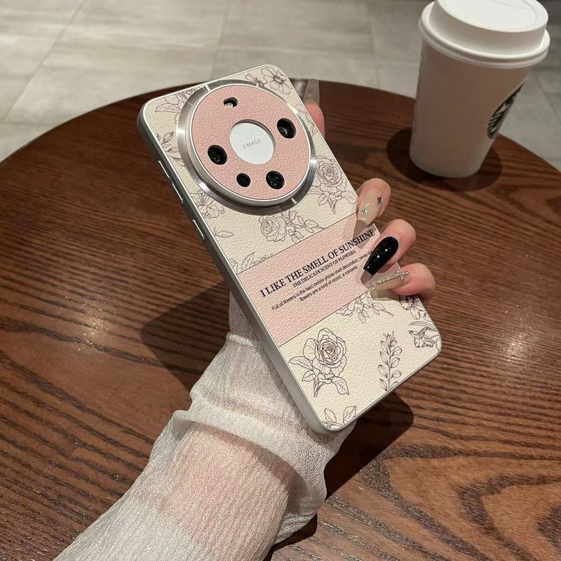 TechGlobe Compatible With 17 Pro Max Leather Texture Phone Case Sketch Rose Flower Pura 70 Pro+ Niche Embossed Protective_voghion.com