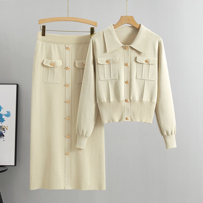 Franse stijl revers nieuw geïnspireerd pak herfst winter trui dames vest top gebreide slim fit rok tweedelige set_voghion.com