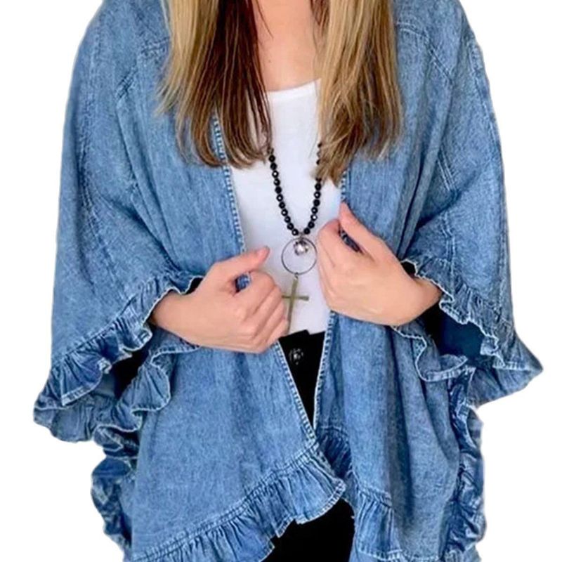 Women's Clothing Denim Cape Jacket With Flounce Hem – Stylish Batwing Sleeve Open Front Cardigan For Fall_voghion.com