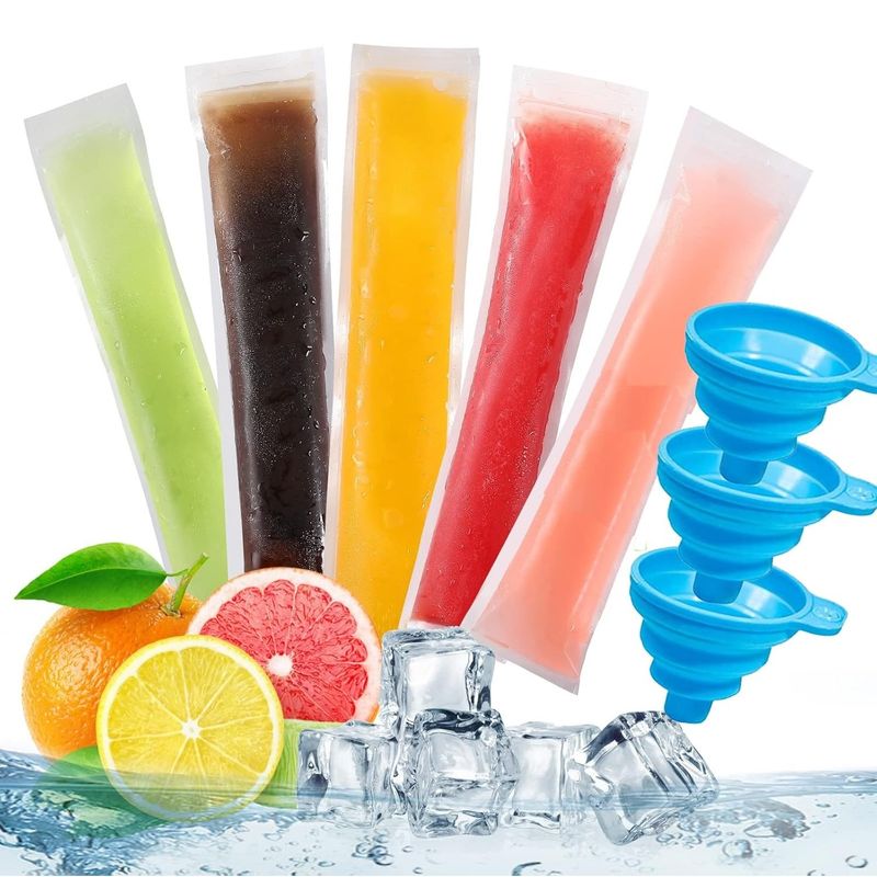 Popsicle Bags Disposable Ice Pop Bags DIY Popsicle Freezer Bags For Yogurt Sticks, Juice, Ice Candy Pops Comes With Silicone Funnel 8"x2" (300)_voghion.com