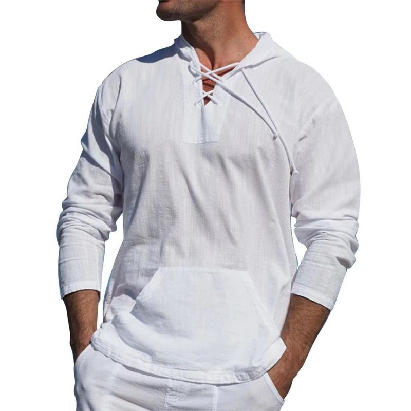 Maglietta da spiaggia versatile alla moda, sportiva e per il tempo libero, a maniche lunghe, con cappuccio, in lino e cotone, alla moda_voghion.com