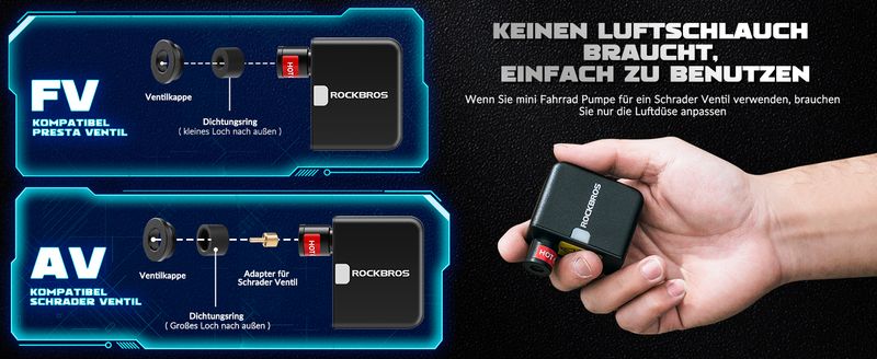 ROCKBROS Elektrische Fahrradpumpe 100PSI Vollautomatische Presta- und Schrader-Pumpe_voghion.com