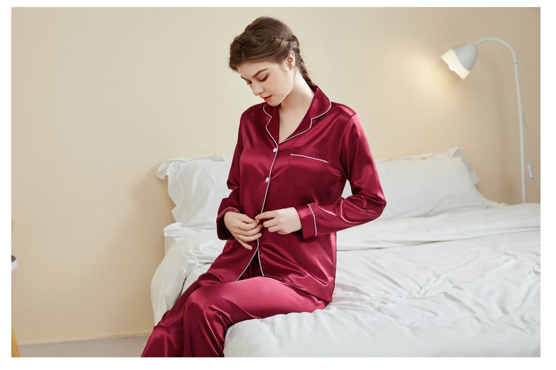 Damen-Nachtwäsche, große Größe, Basic-Pyjama, Damen, Frühling und Sommer, langärmelige Hose, dünne Seide, Freizeit, Zuhause, zweiteiliges Set_voghion.com