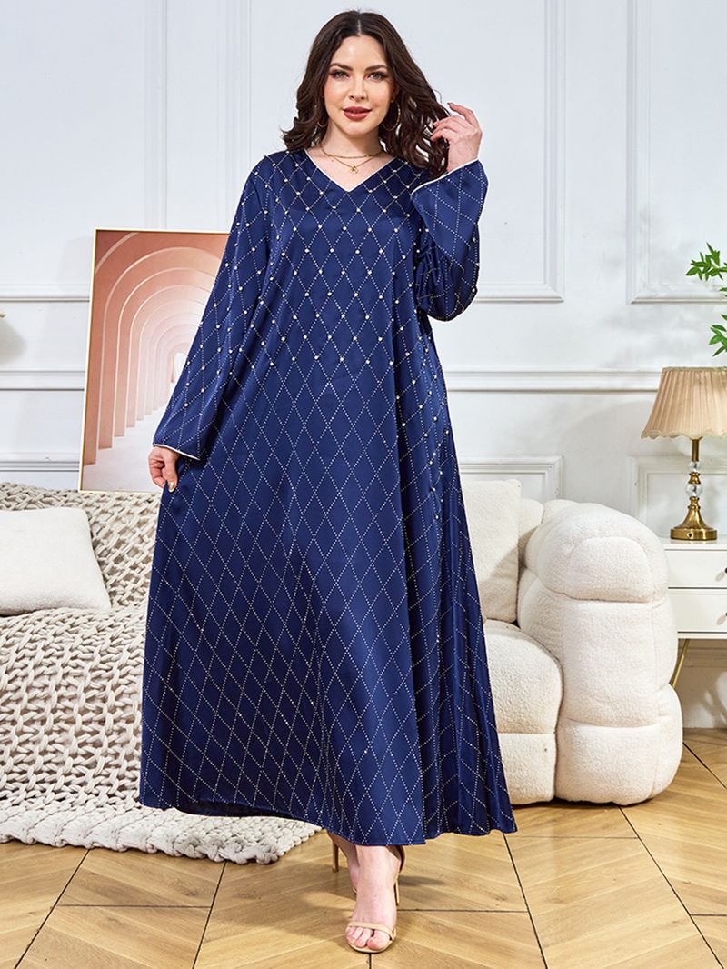 Muslimisches Partykleid für Damen – Langärmliges Retro-Abaya mit Diamant-Nagelverzierungen_voghion.com