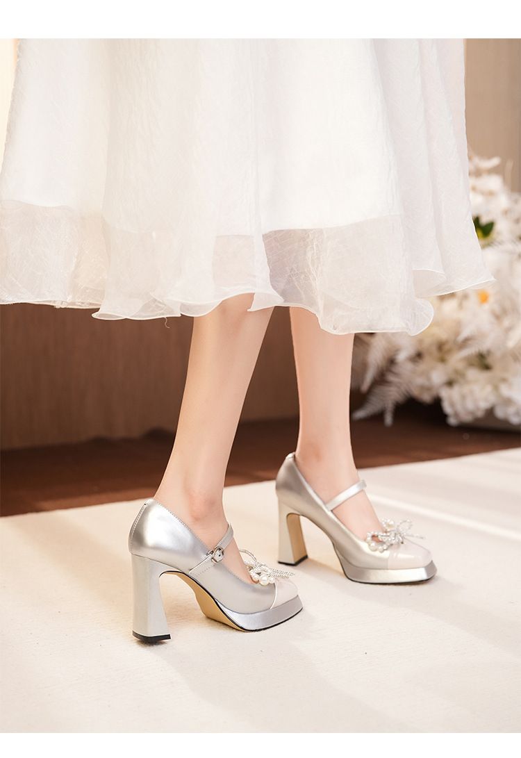Y9759-096 Color Block Mary Jane Rhinestone Bow Chunky Heel High Heels Lively Elegant Luxurious Dress Shoes_voghion.com