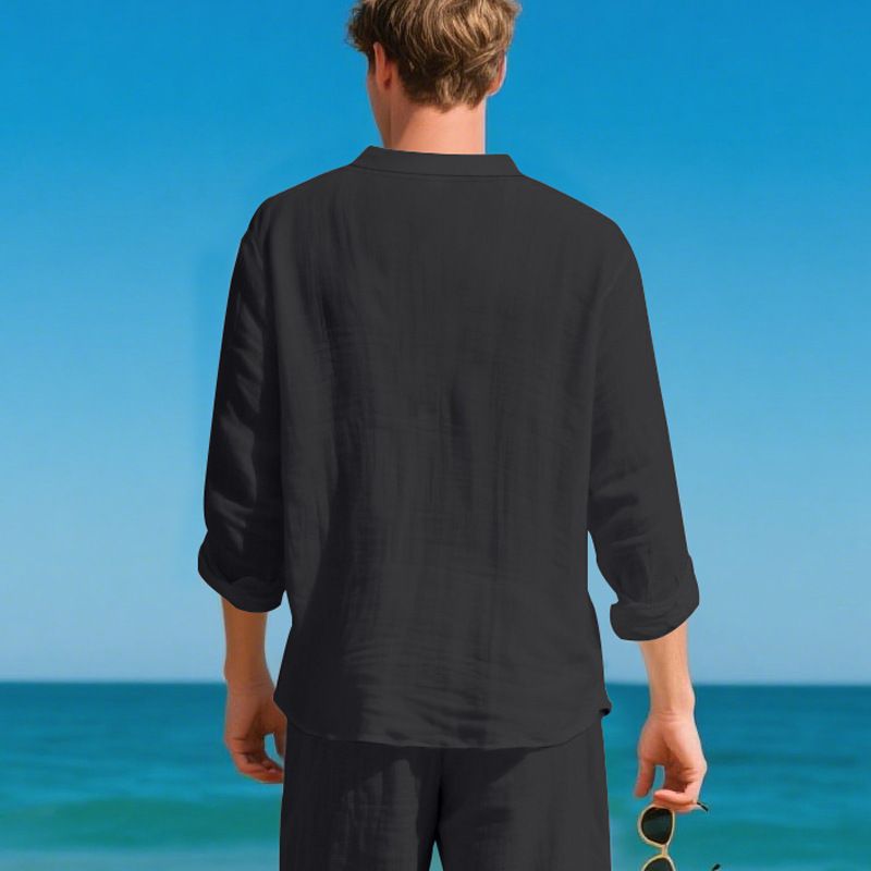 Maglietta a maniche lunghe con scollo a V in lino traspirante per uomo - Vestibilità rilassata, comfort casual, essenziale per l'estate_voghion.com