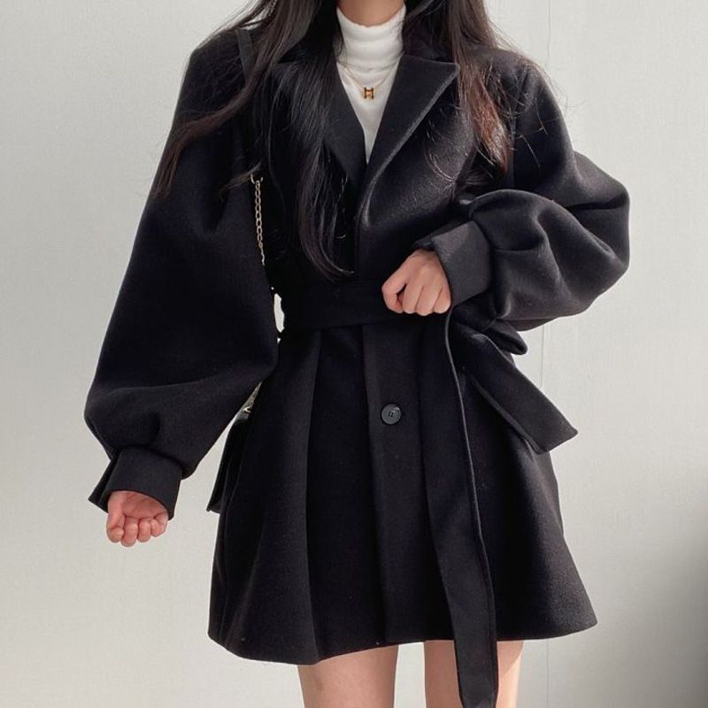 2025 Herbst-Winter-Anzugmantel mit Krawattenkragen, Taillengürtel, Laternenärmeln, zierliche Wolljacke für Damen_voghion.com