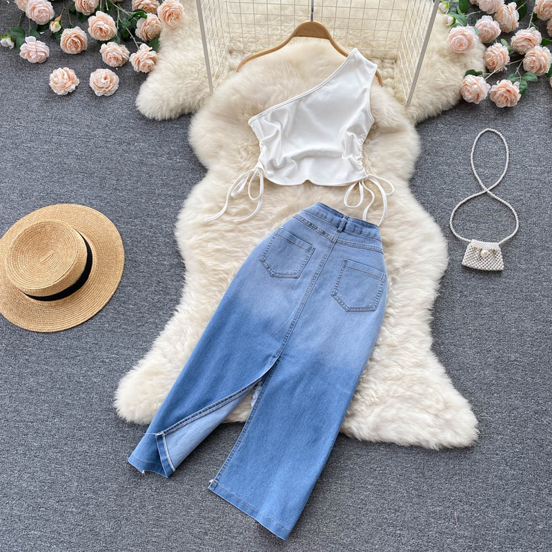Women's Drawstring Lace-up Slouchy Vest Irregular Raw Edge Split Denim Half-body Skirt Two Piece Set_voghion.com