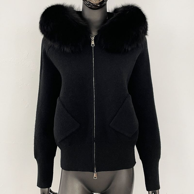 Luxuriöse Strickjacke mit Kapuze und Fuchspelzbesatz – Weicher Strickpullover aus Schaf-Kaschmir-Mischgewebe für Damen, eleganter, locker sitzender Freizeitpullover_voghion.com
