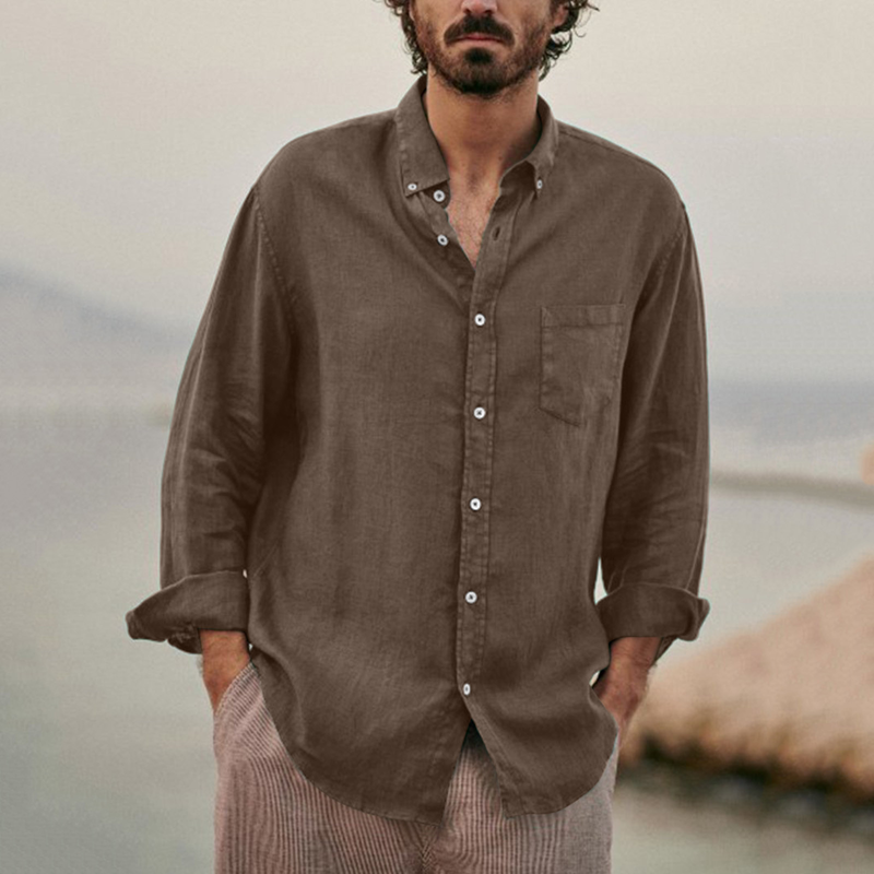 Cardigan casual con risvolto in tinta unita, in cotone e lino, camicia da uomo retrò casual e ampia_voghion.com