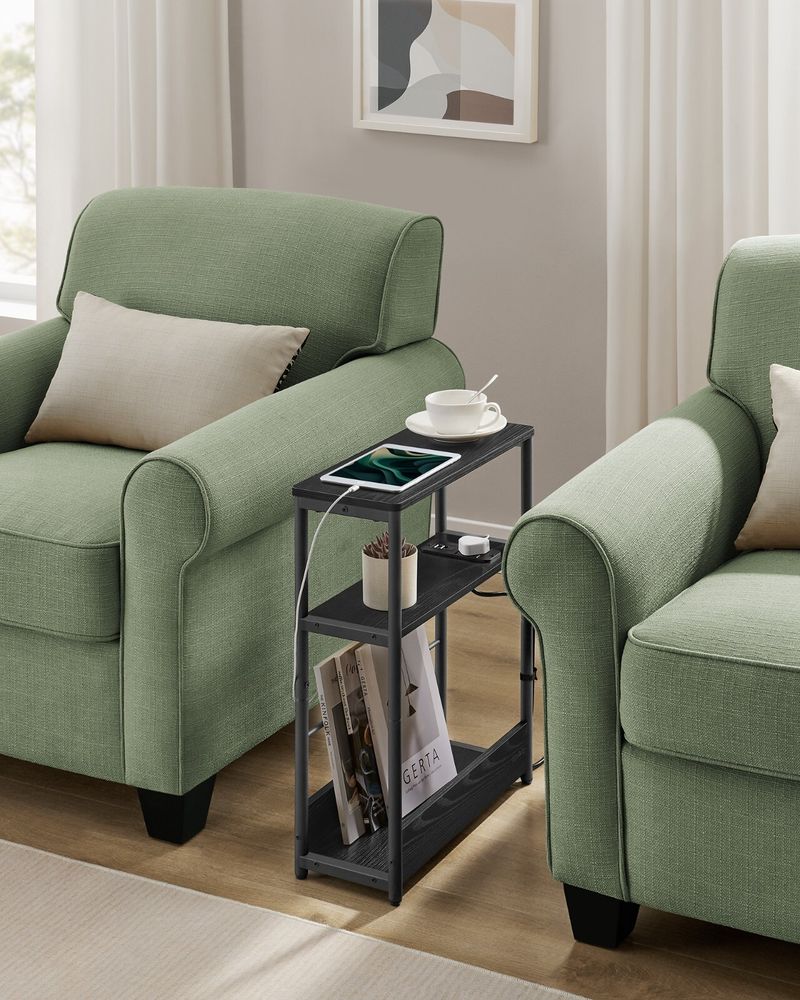 VASAGLE Slim Side Table With Charging Station, 3-Tier Bedside Table_voghion.com