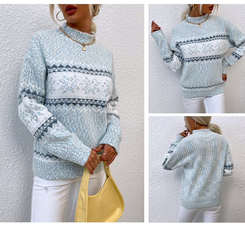 Pull de noël automne et hiver, demi-col roulé, pull flocon de neige pour femmes_voghion.com