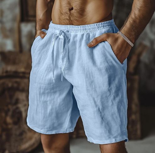 Abbigliamento da uomo, pantaloncini in cotone e lino con elastico in vita, pantaloncini da spiaggia casual sportivi da uomo_voghion.com