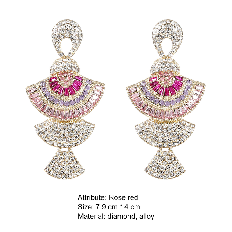 Yamaler 1 Pair Lady Shiny Rhinestone Inlaid Colorful Fan-shaped Long Dangle Earrings for Banquet_voghion.com