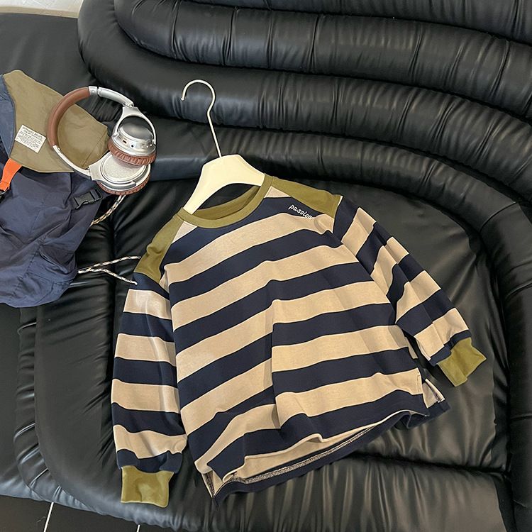 Abbigliamento per bambini Maglie a maniche lunghe abbinate ai colori primaverili Felpa a righe in cotone alla moda_voghion.com