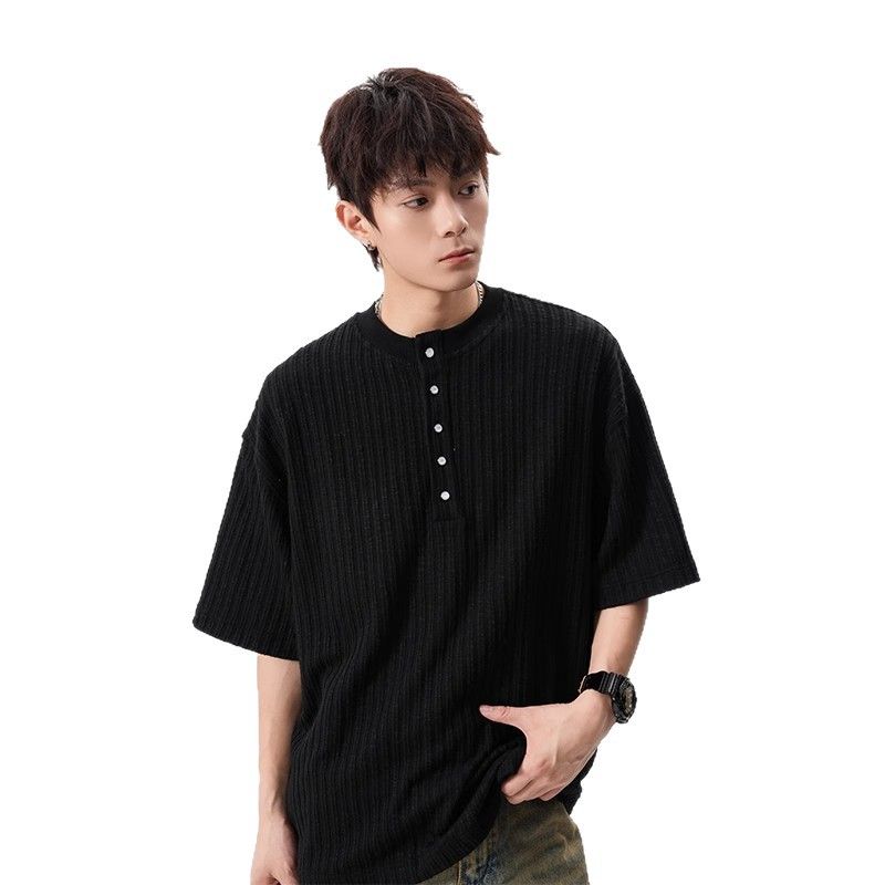 Old Money Style Henry Collar Short Men's 2025 Summer New High-end Loose Textured T-shirt V-neck Versatile Half Sleeve_voghion.com