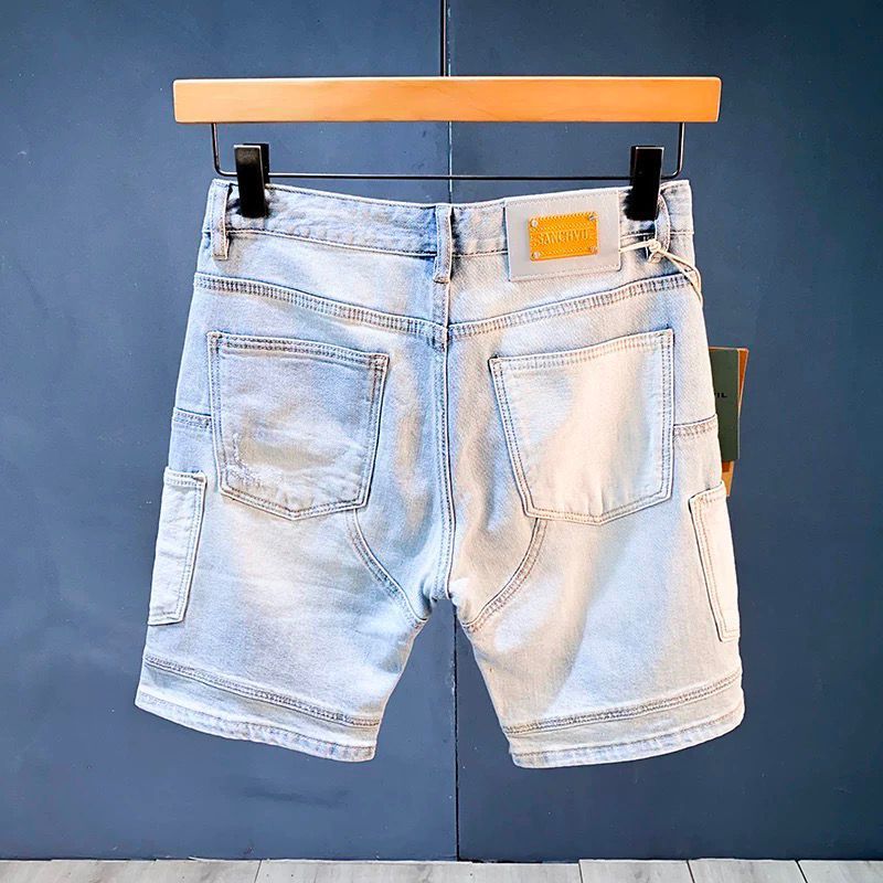 Herren-Jeansshorts im Used-Look, Patchwork-Optik, helle Waschung, 12,7 cm Innennaht, lässige Cargo-Shorts für Herren, Streetwear-Mode, Stretch, bequeme Passform_voghion.com