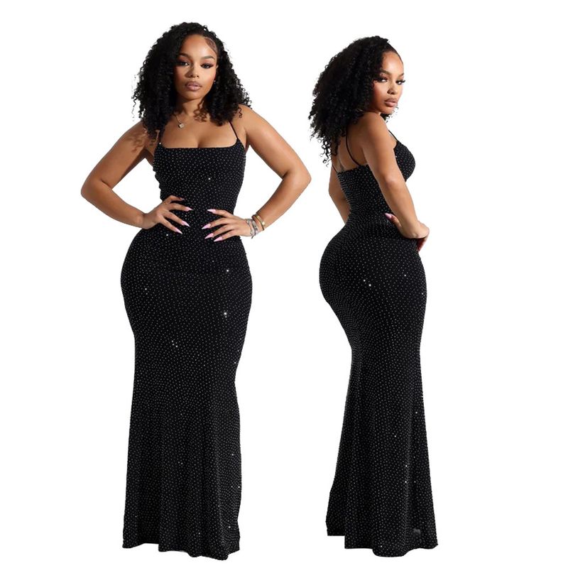 Sexy Spaghetti Strap Bodycon Dress With Rhinestone Embellishments - Sheer Mesh Long Dress For Women_voghion.com