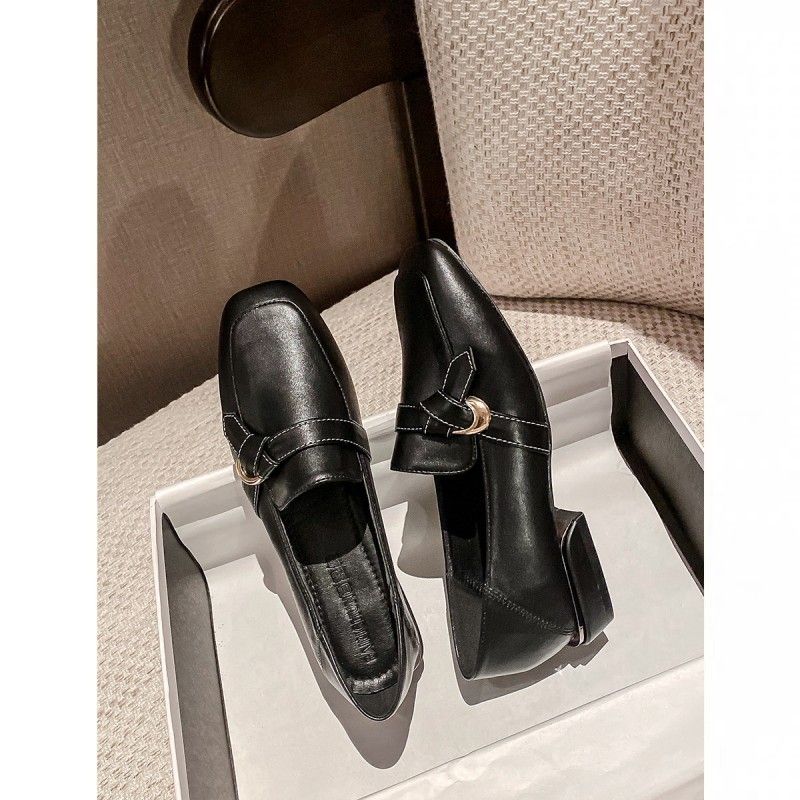 Cowhide Version 2025 Autumn Winter New Slip-On Small Leather Square Toe Commuter Flat Shoes Chunky Heel Loafers_voghion.com