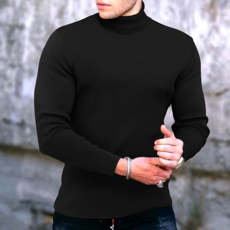 Camisa de punto con cuello alto y manga larga para hombre, color liso, para primavera, otoño e invierno, con parte inferior elástica._voghion.com