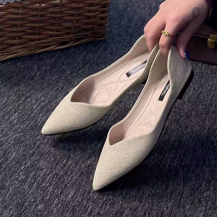 For Women 2025 New Pointed Toe Flat Heel Shallow Mouth Boat Soft Sole Versatile Fairy Work All-Season Single Shoes_voghion.com