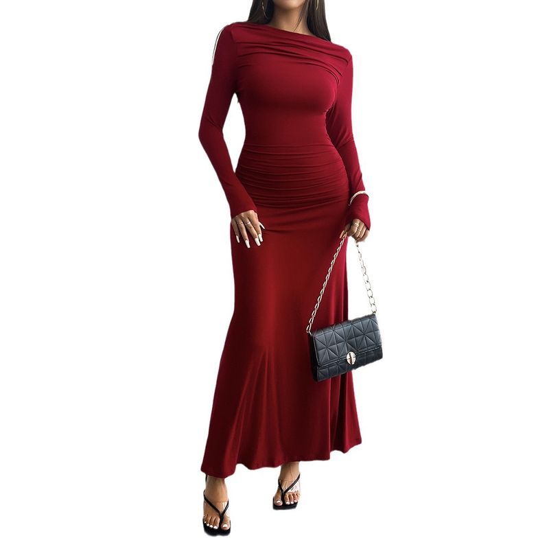 Diyun 2024 Abito elegante aderente con spalle scoperte in tinta unita da donna autunno inverno_voghion.com