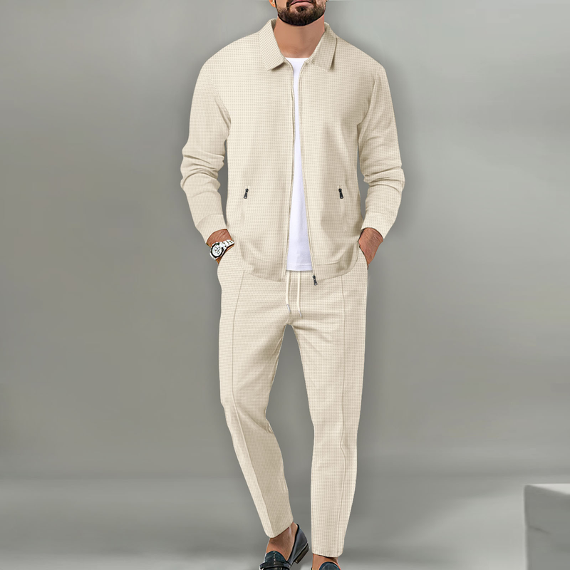 2024 Kåpe Høst Ungdom Vaffel Glidelås Lomme Flip Krage Slim Fit Cardigan Jakkesett for menn_voghion.com