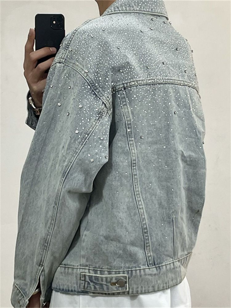 Hellblaue Jeansjacke mit Strassdetails für Herren – Übergroßer Freizeitmantel im koreanischen Stil, Baumwollmischung, Streetwear für Frühling/Herbst (Größen M-3XL)_voghion.com