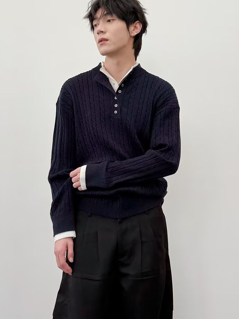 Strickpullover mit Henley-Kragen im Vintage-Stil – Lässiger Polyesterpullover für Herren, Freizeitkleidung für Herbst und Winter_voghion.com