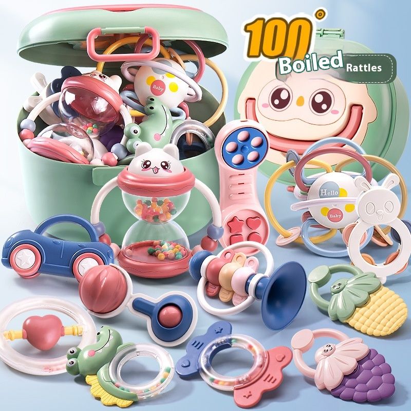 Juguetes para bebés y niños pequeños hervidos en agua, dientes de rompecabezas que se pueden masticar, timbre de mano para bebés recién nacidos con caja de almacenamiento para regalo_voghion.com