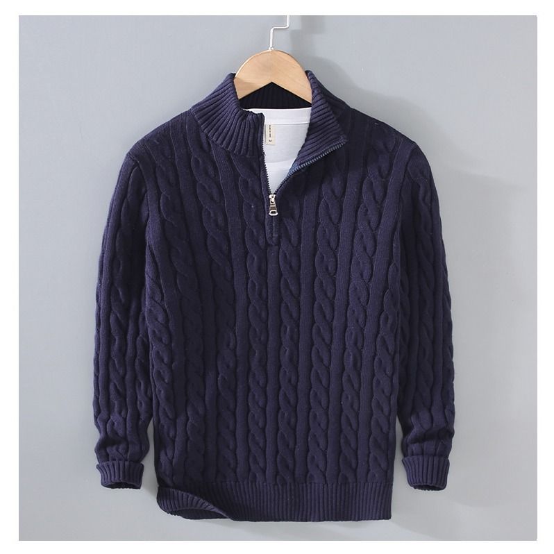 Maglione a maglia grossa da uomo – Pullover a trecce con mezza zip (traspirante, lavabile in lavatrice, S-XXXXL, grigio/blu navy/nero)_voghion.com