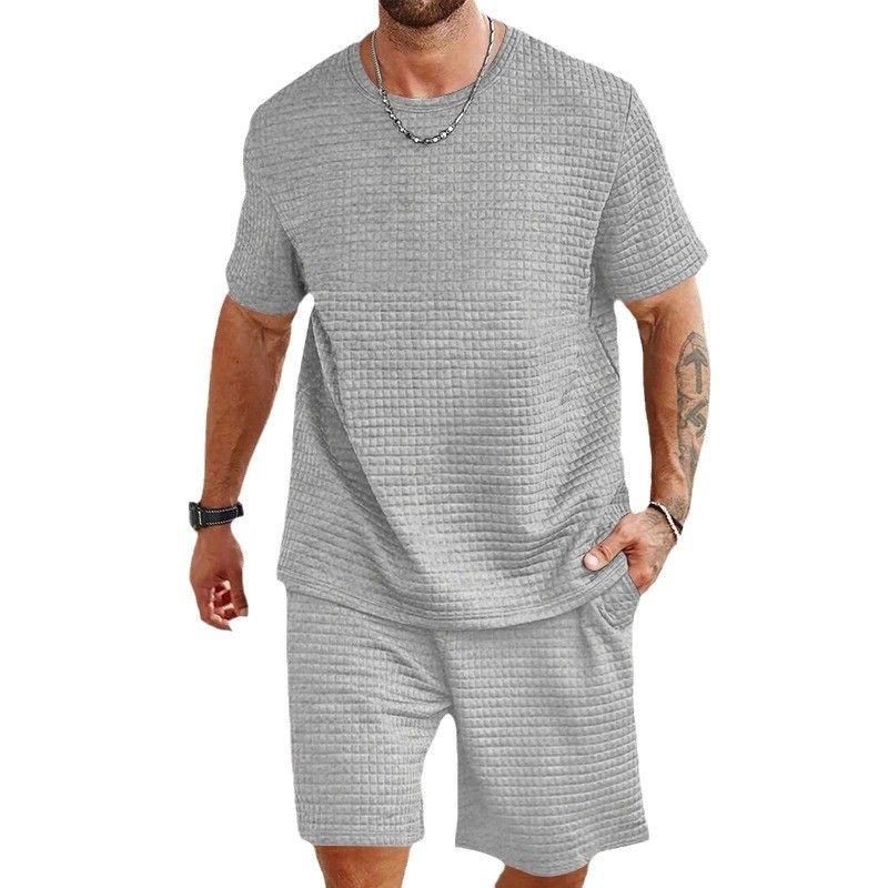 New trendy men's sports and casual small square loose round neck short sleeved shorts set_voghion.com