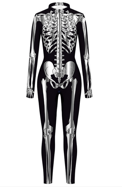 Ženska oblačila za noč čarovnic, ženski oprijeti kombinezon s potiskom človeškega okostja_voghion.com