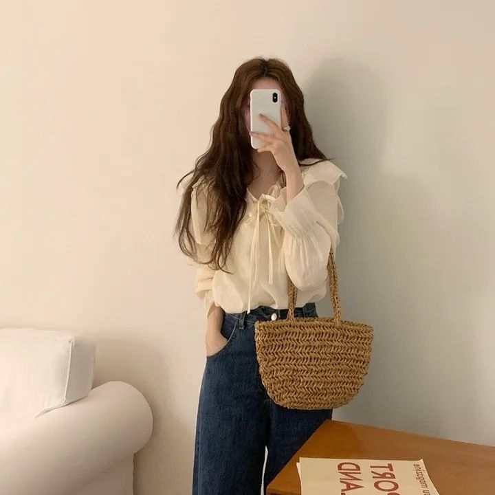 Korean Chic 2024 Spring/Summer New Style Loose Fungal Edge Strap Gentle and Sweet Temperament Purple Top Shirt_voghion.com