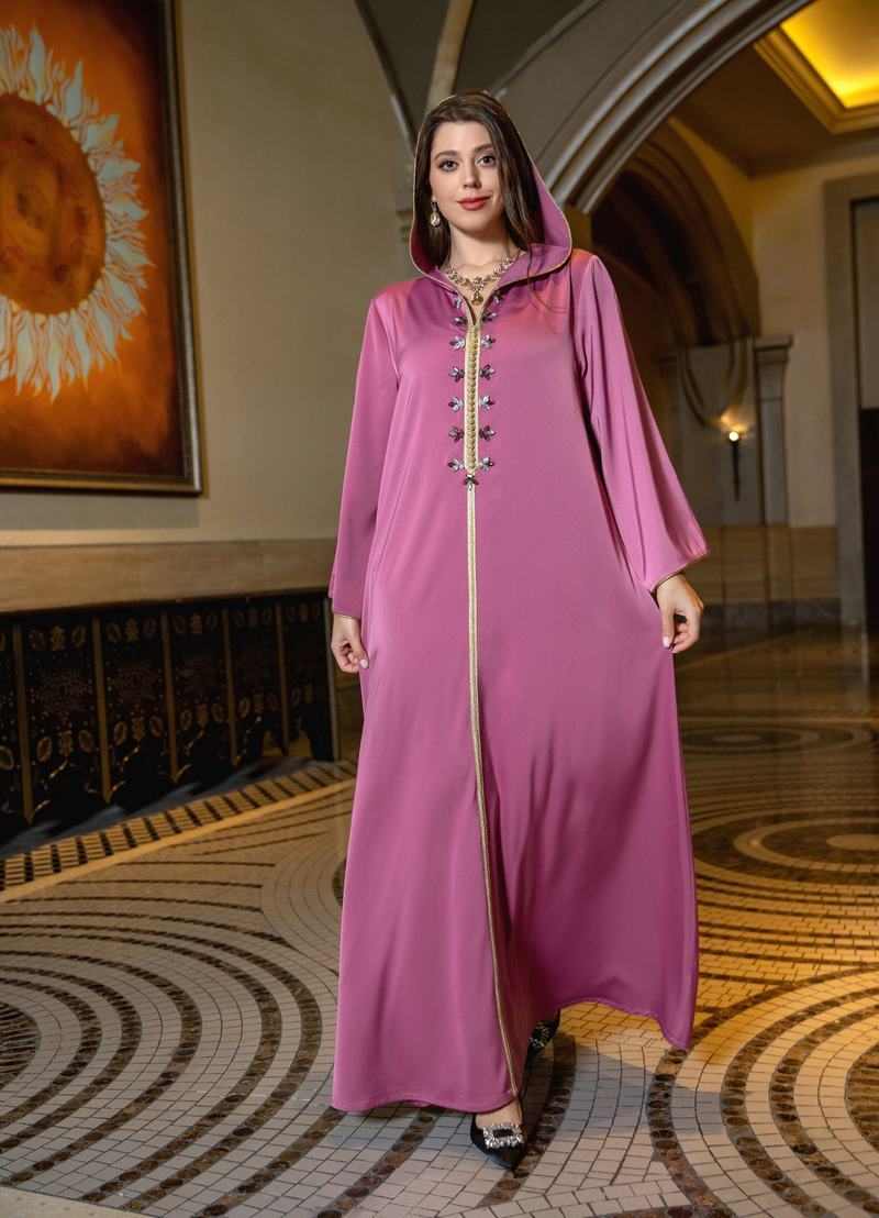 Vestido muçulmano feminino de cetim com contas abaya Dubai leve vestido de noite étnico luxuoso_voghion.com
