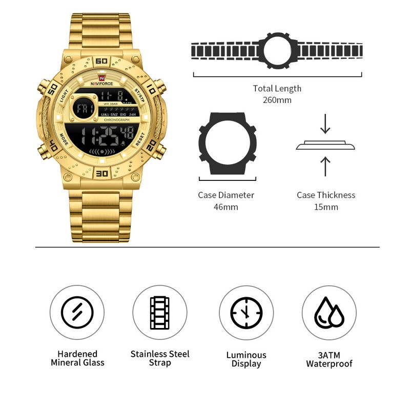 Luxury Golden Digital Man Watch LED Display Stainless Steel Wristwatch Men Waterproof Chronograph Relogio Masculino_voghion.com