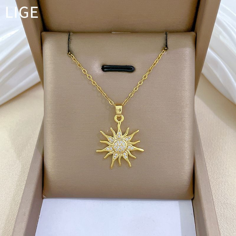 【 】 Sunflower Light Luxury Charm Gorgeous Full Diamond Necklace Women's Versatile Clavicle Chain Titanium Steel_voghion.com